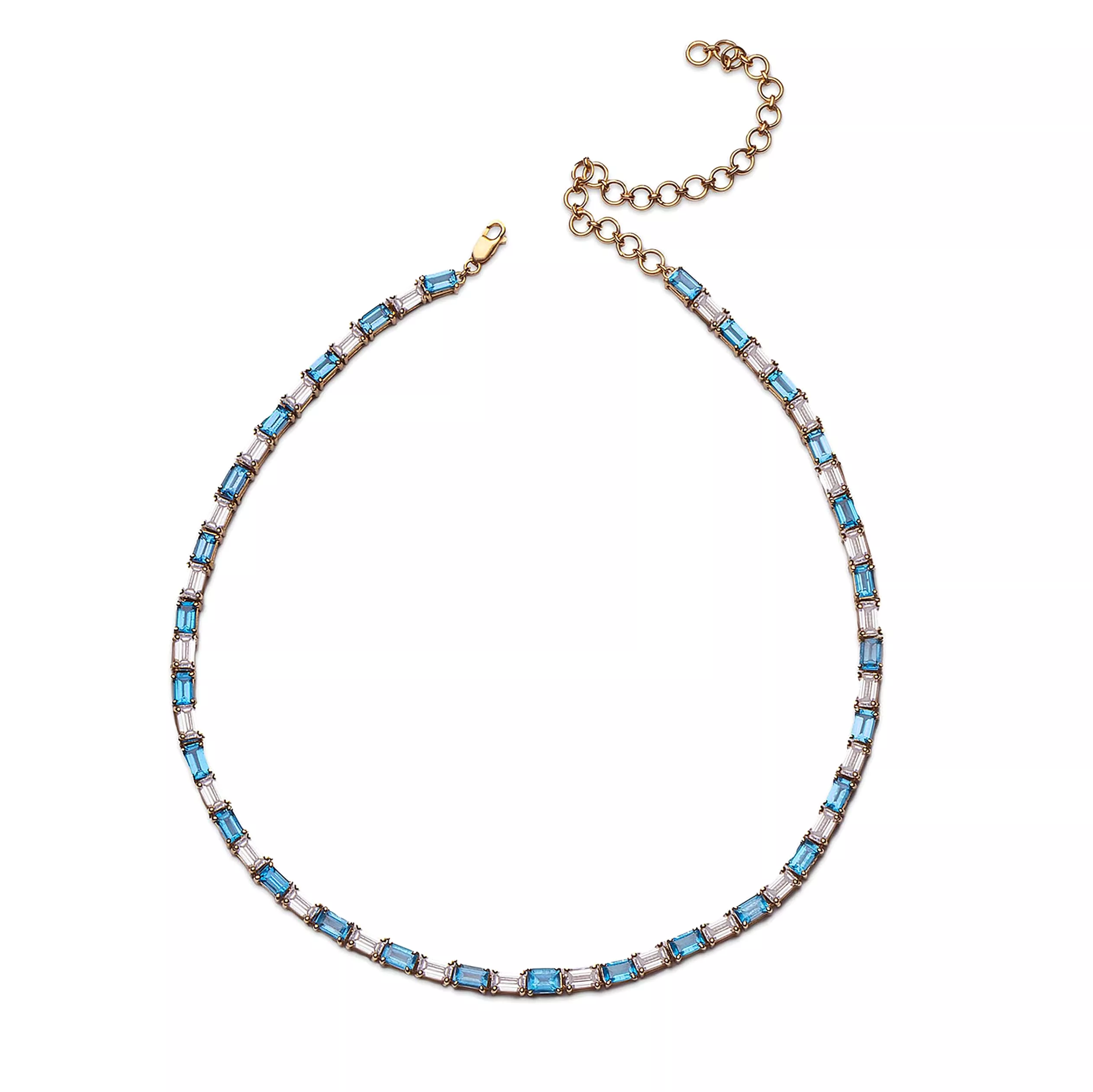 14K & 18K Gold East West Alternating Blue Topaz & Diamond Necklace