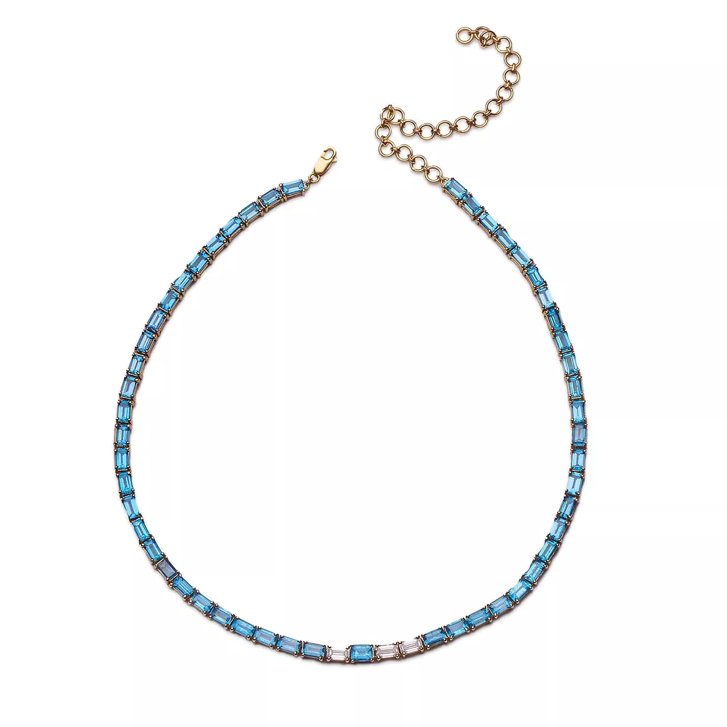 14K & 18K Gold East West Alternating Blue Topaz & Diamond Necklace