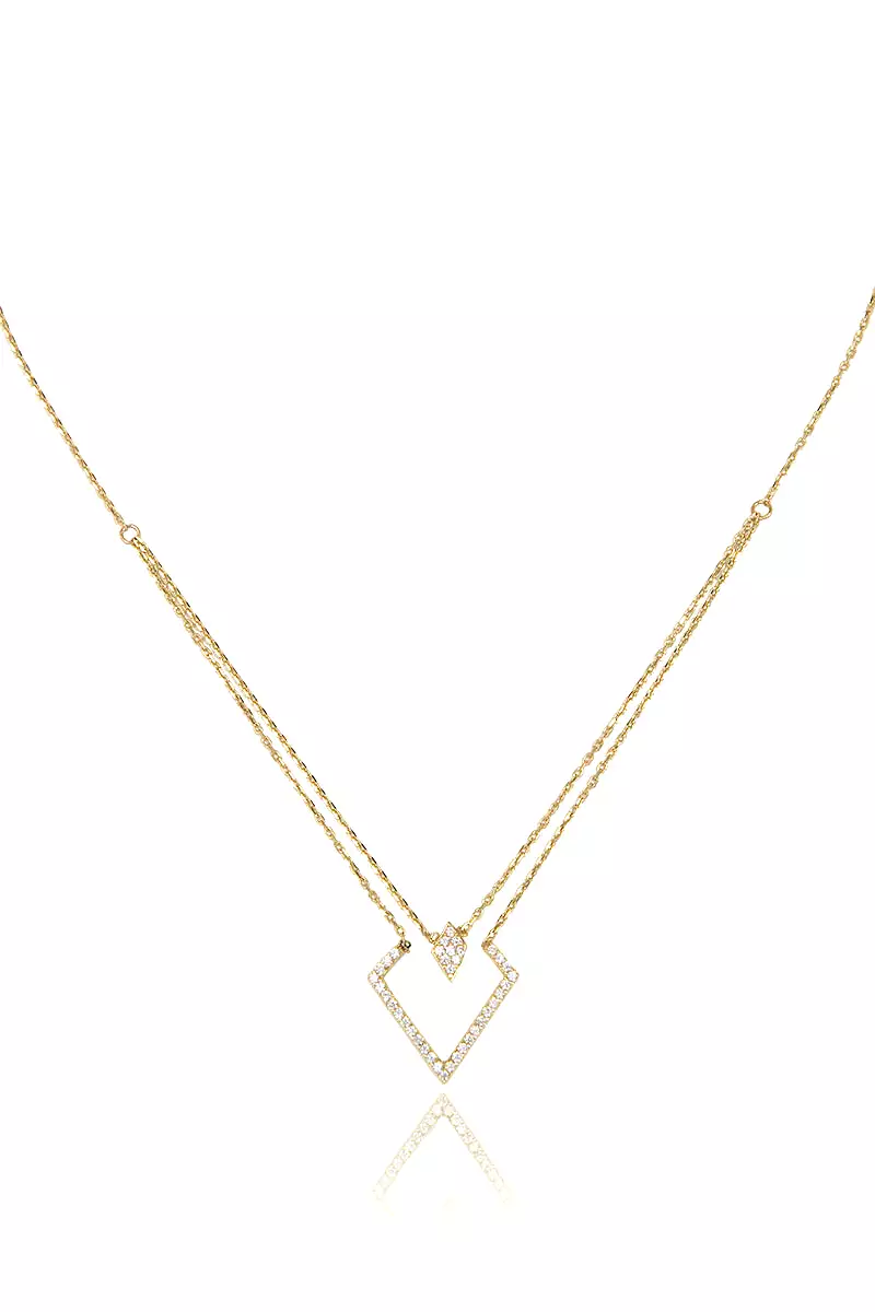 14k Gold Double Crystal Pavé Diamond Shape Necklace