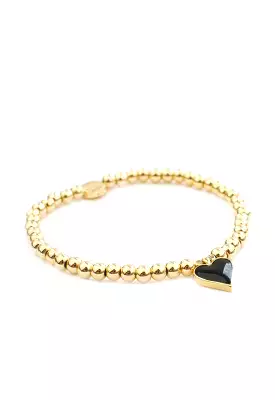 4mm Beaded Bracelet Small Heart - Gold Black