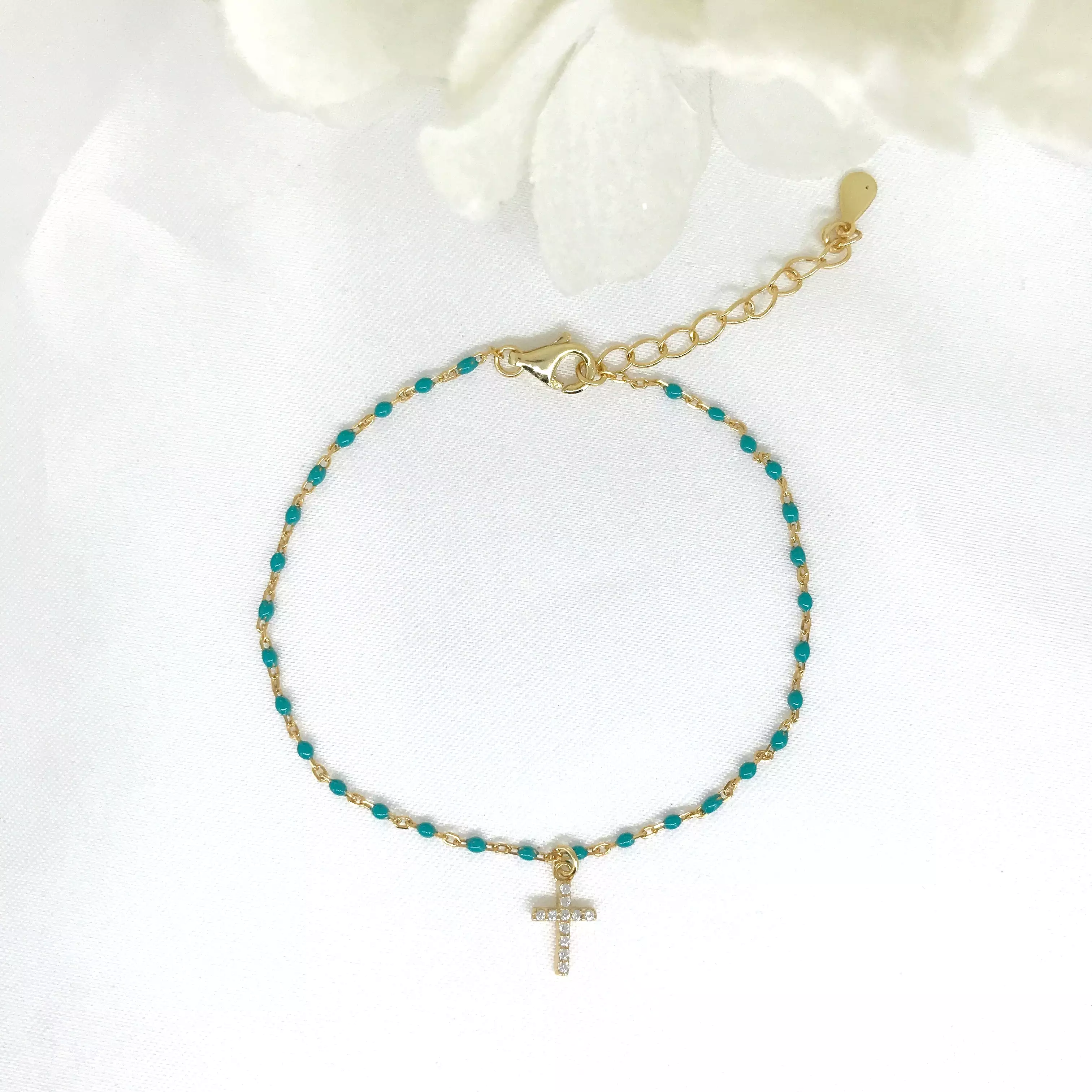 925/18k Vermeil Turquoise Enamel CZ Cross Bracelet