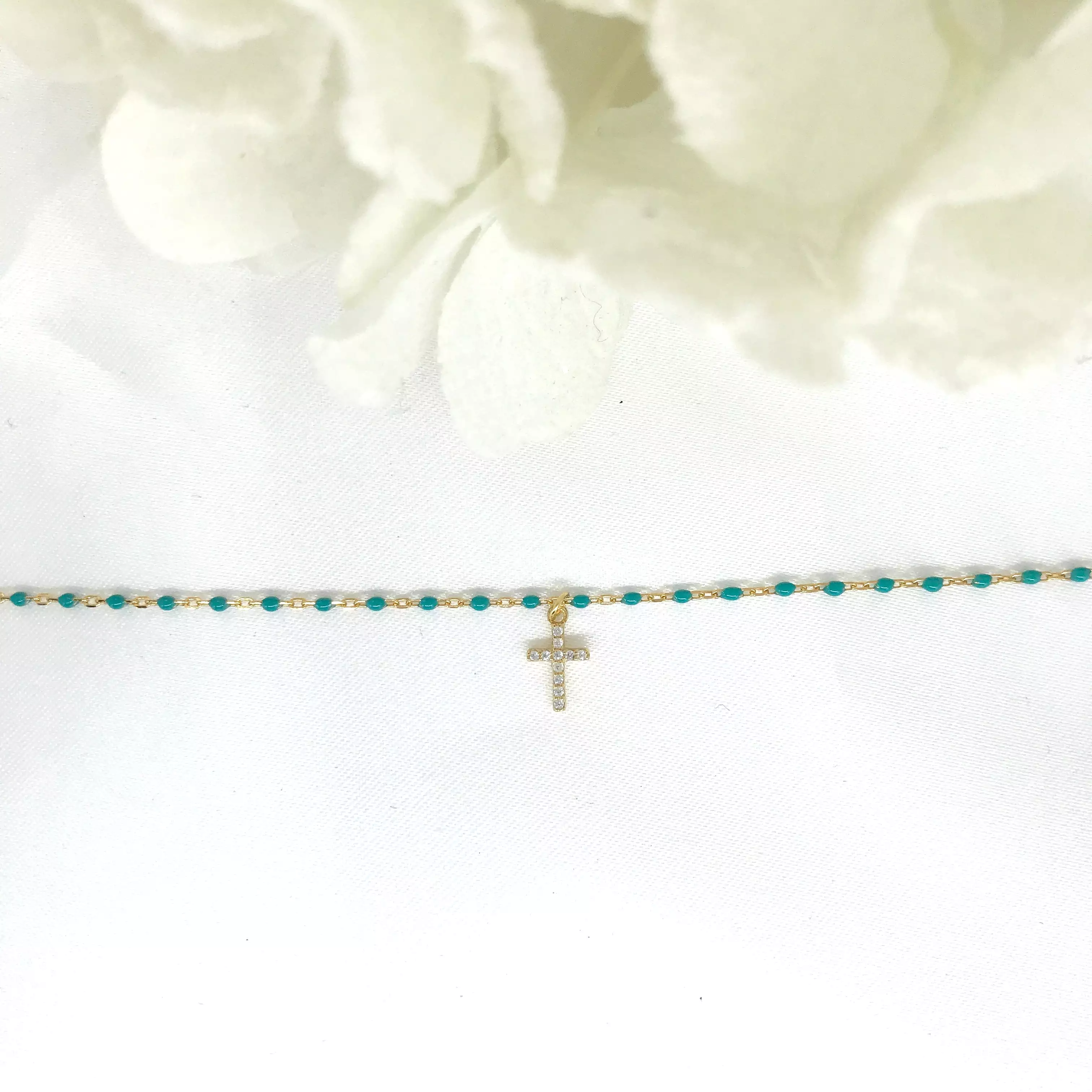 925/18k Vermeil Turquoise Enamel CZ Cross Bracelet