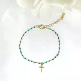 925/18k Vermeil Turquoise Enamel CZ Cross Bracelet