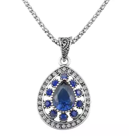 Antique Blue Teardrop Pendant Silver Chain