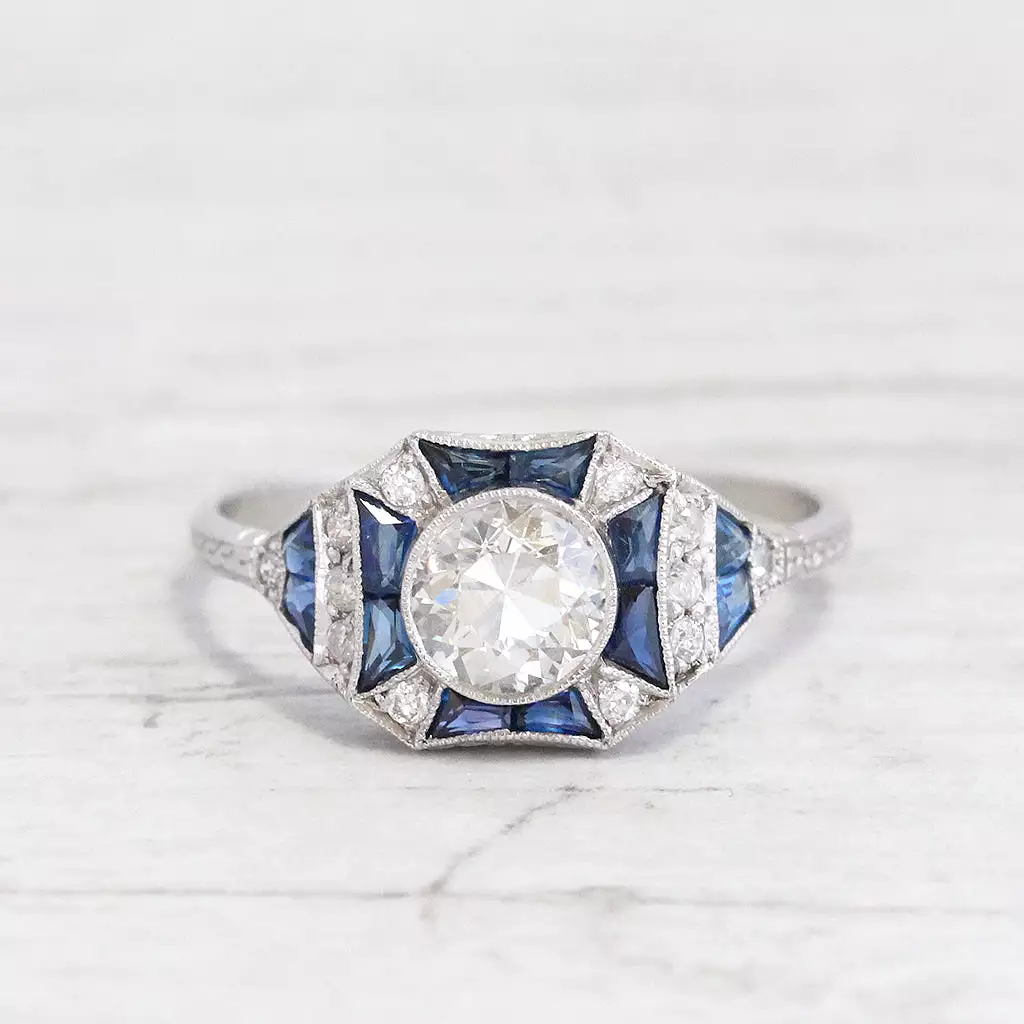 Art Deco 0.80 Carat Old European Cut Diamond and Sapphire Ring