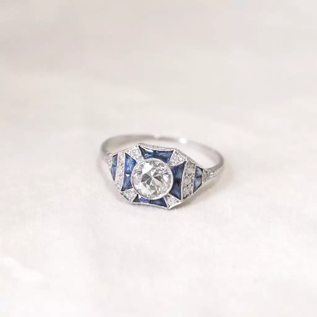 Art Deco 0.80 Carat Old European Cut Diamond and Sapphire Ring