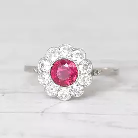 Art Deco 1 Carat Ruby and Old Cut Diamond Daisy Cluster Ring