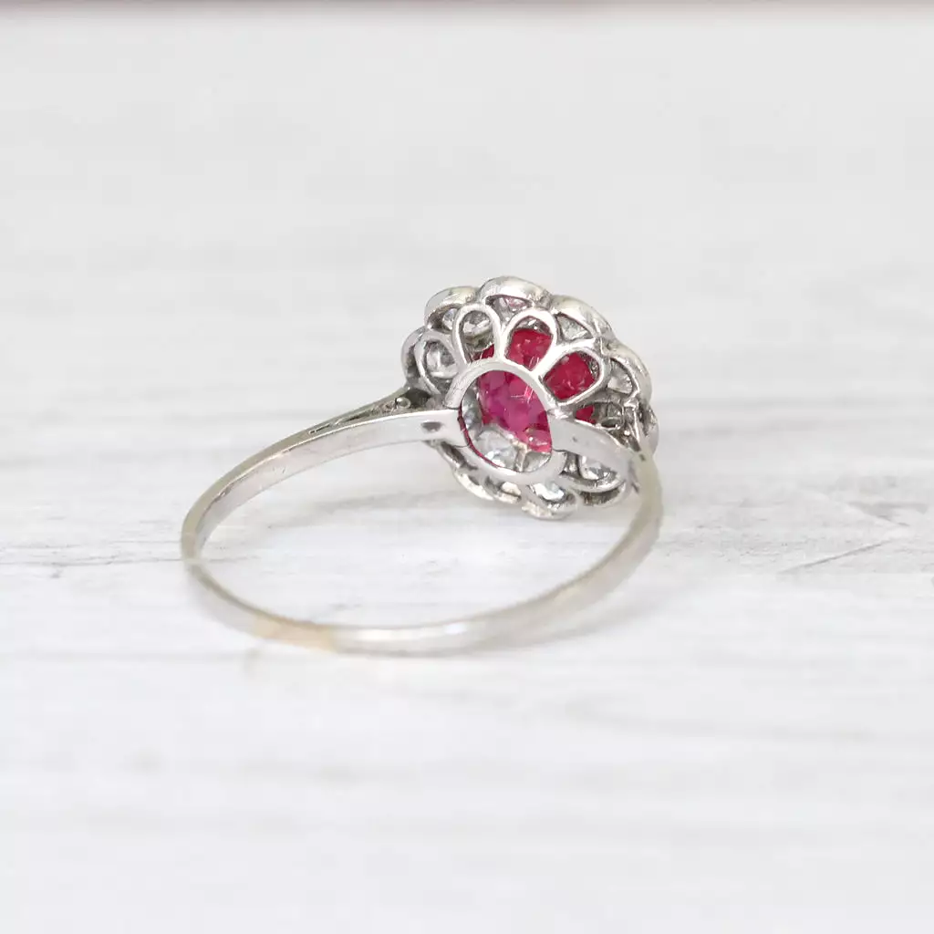 Art Deco 1 Carat Ruby and Old Cut Diamond Daisy Cluster Ring