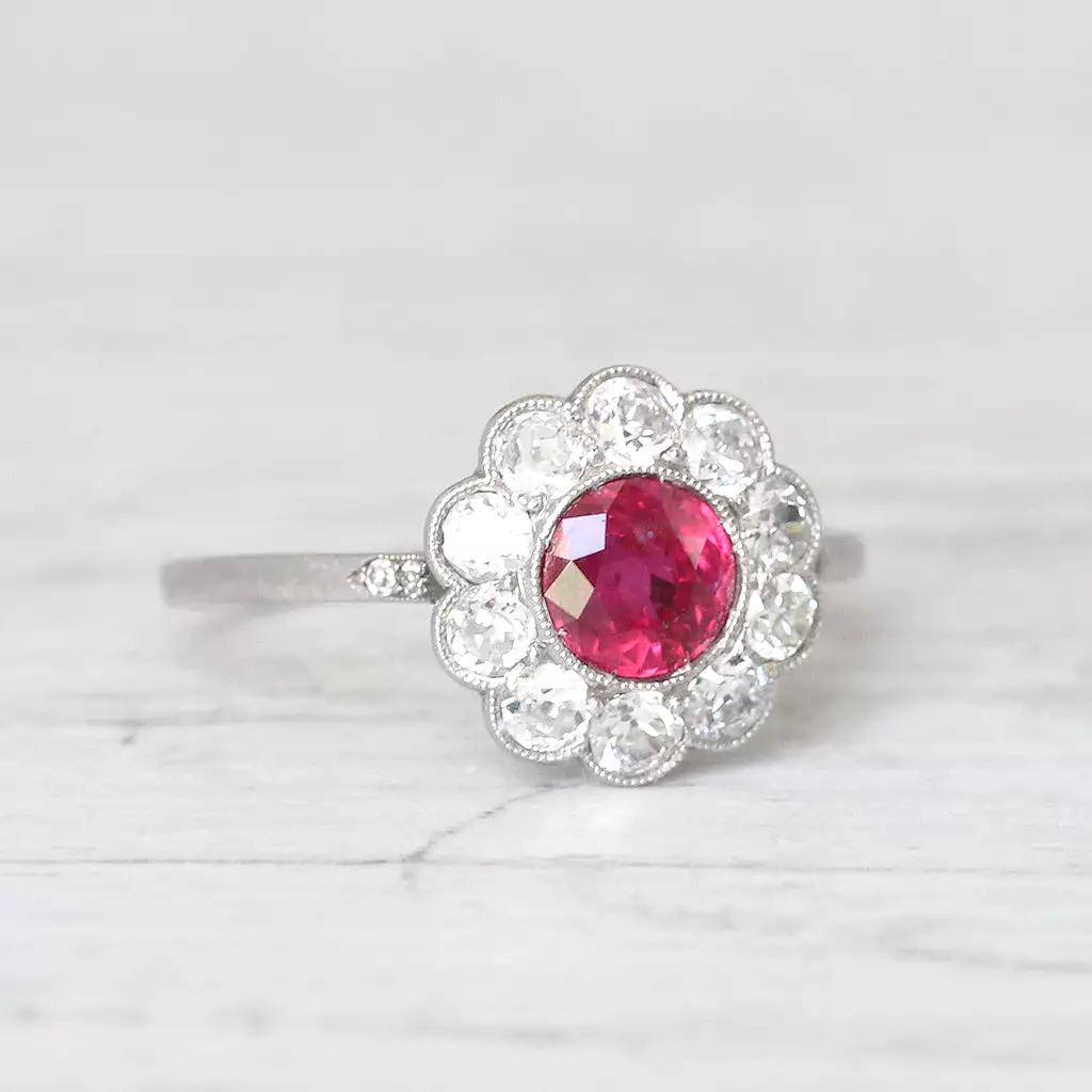 Art Deco 1 Carat Ruby and Old Cut Diamond Daisy Cluster Ring