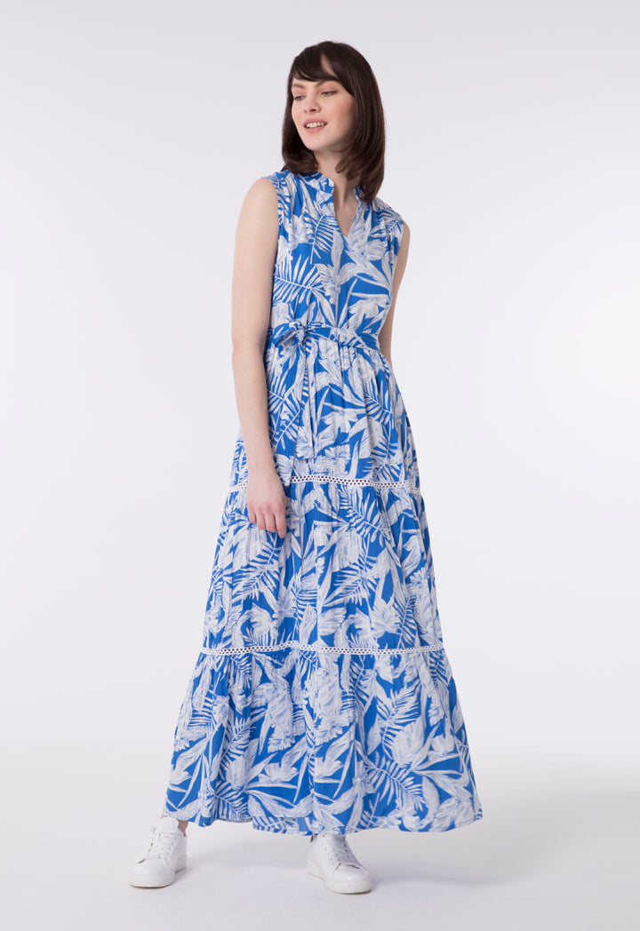 Blue Leaf Print Maxi Dress