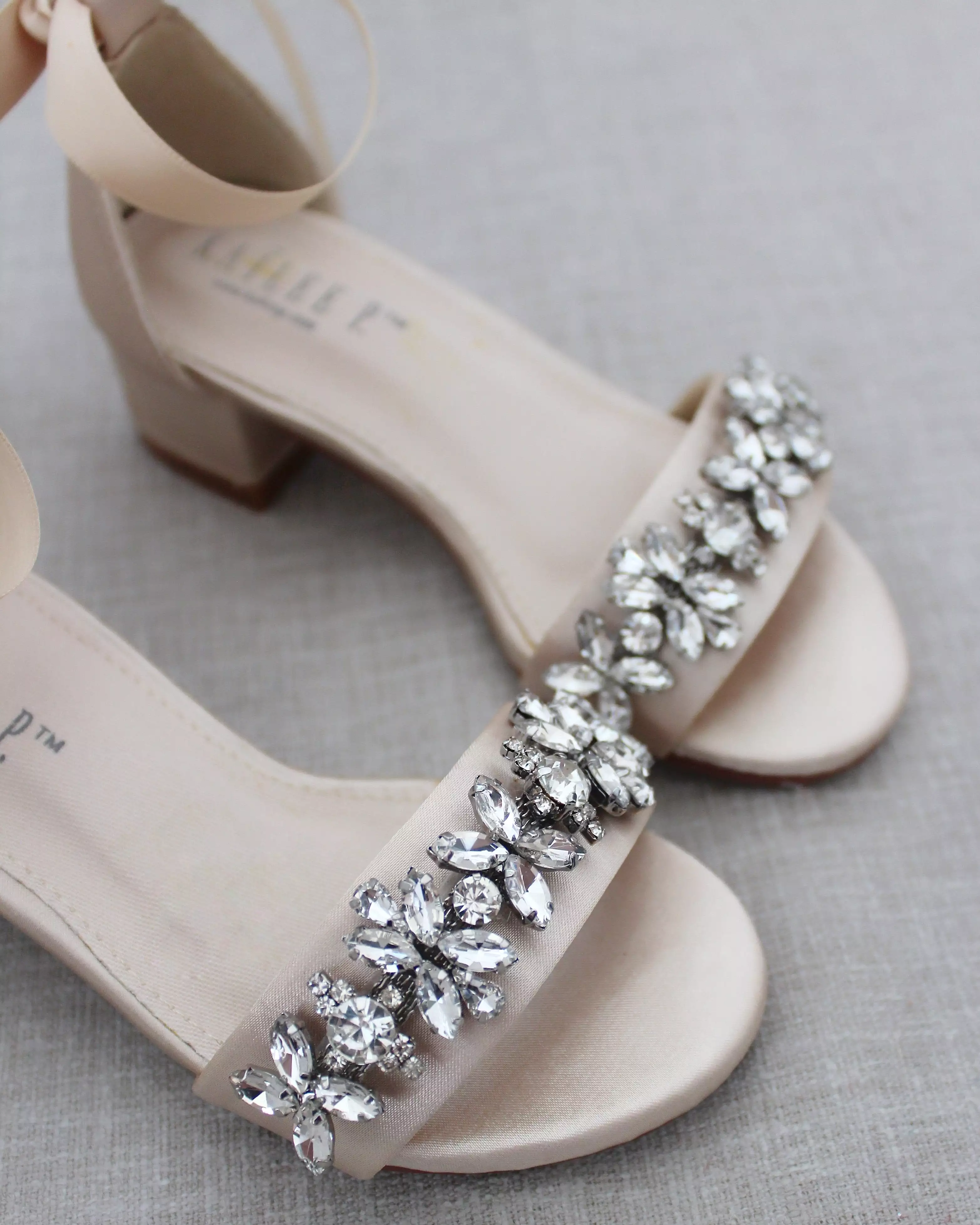 Champagne Satin Block Heel Sandals with Floral Rhinestones