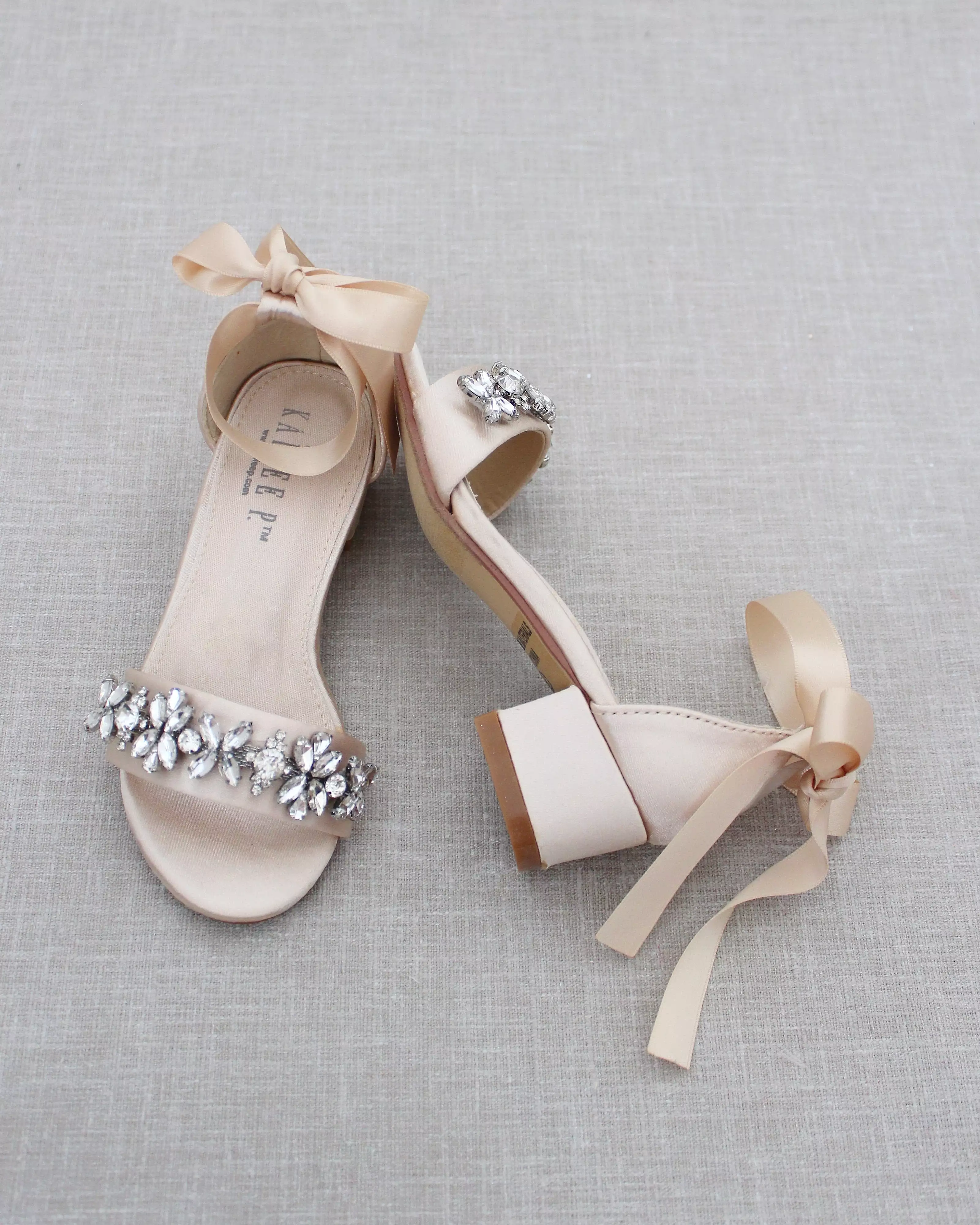 Champagne Satin Block Heel Sandals with Floral Rhinestones