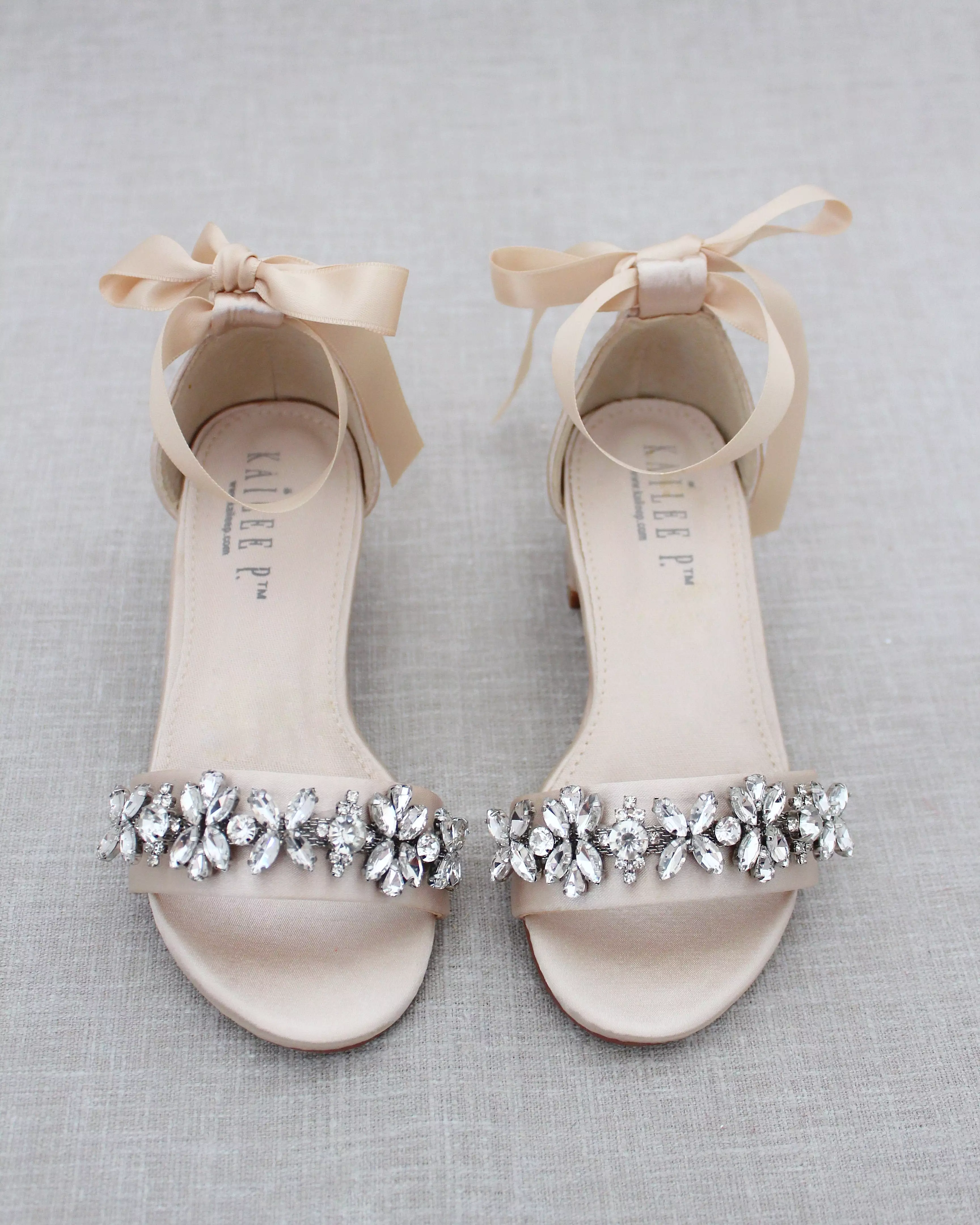 Champagne Satin Block Heel Sandals with Floral Rhinestones