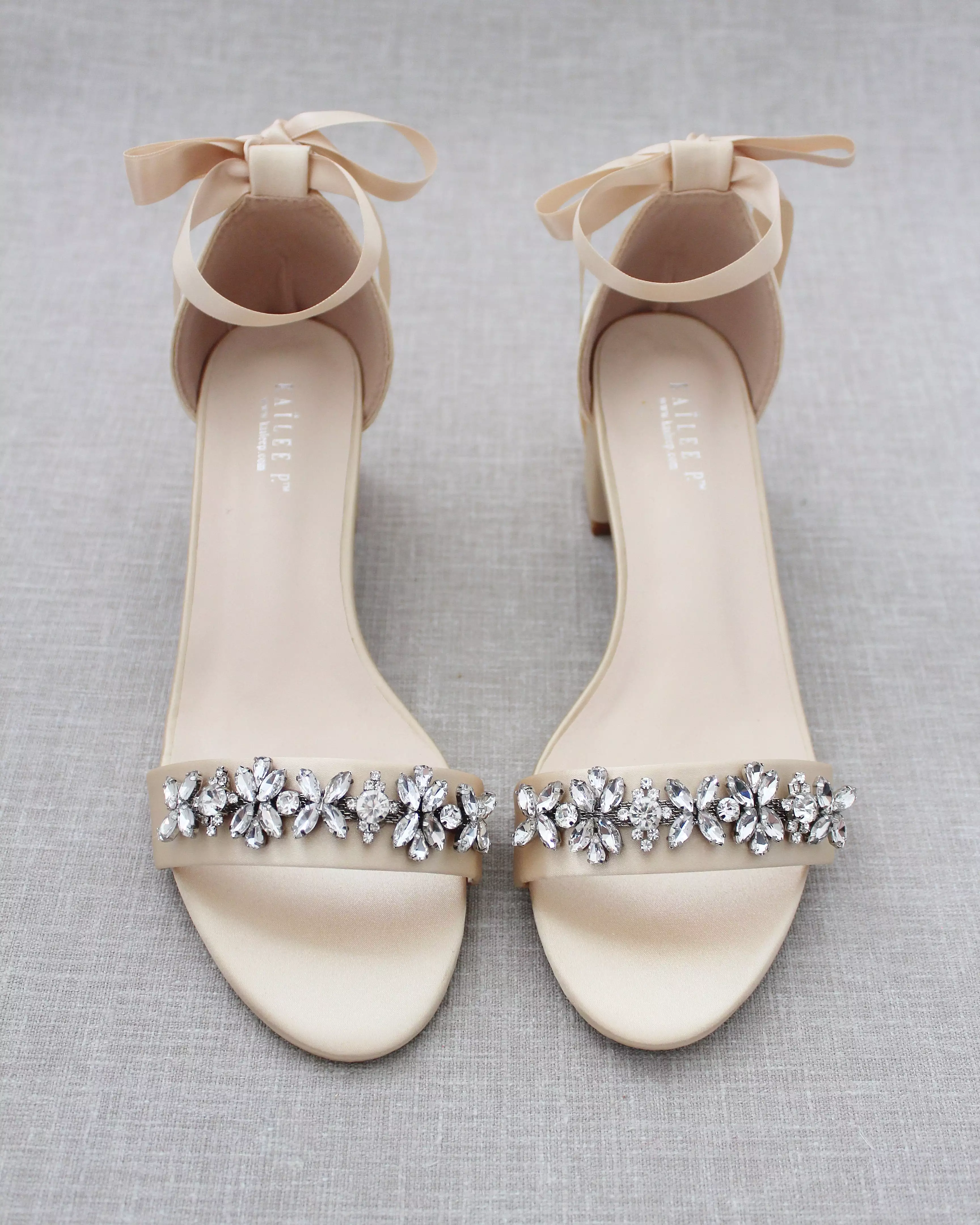 Champagne Satin Block Heel Sandals with Floral Rhinestones