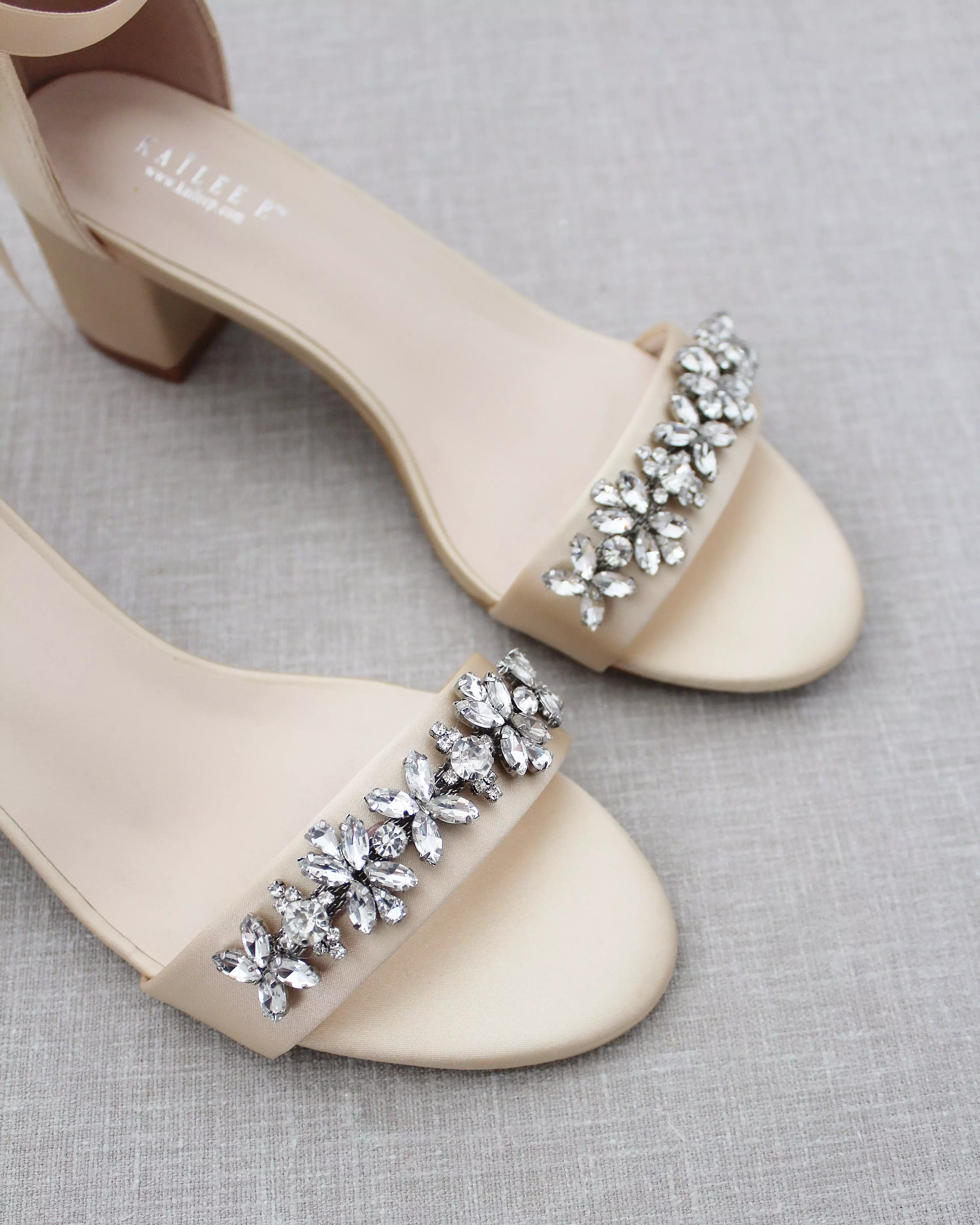 Champagne Satin Block Heel Sandals with Floral Rhinestones