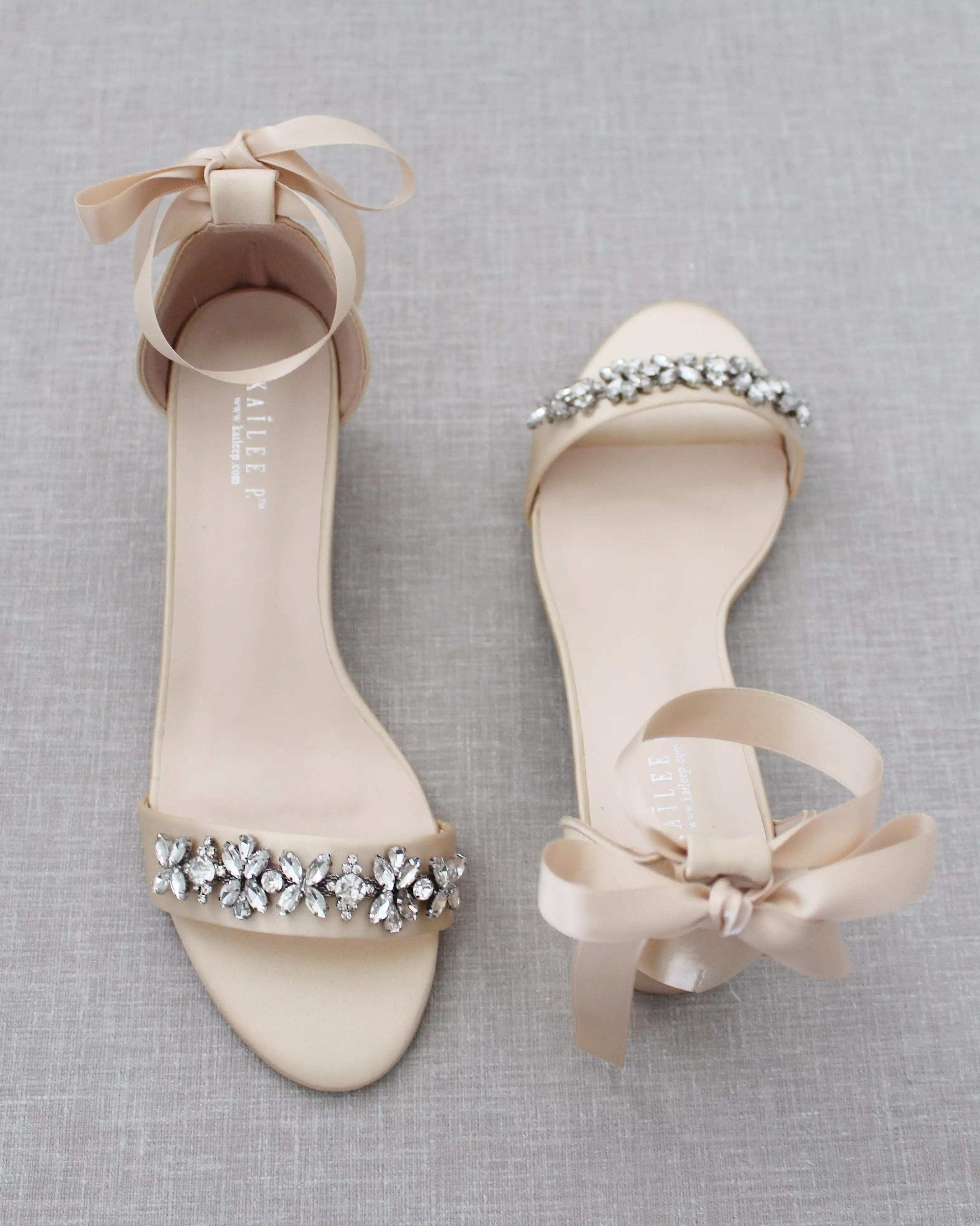 Champagne Satin Block Heel Sandals with Floral Rhinestones