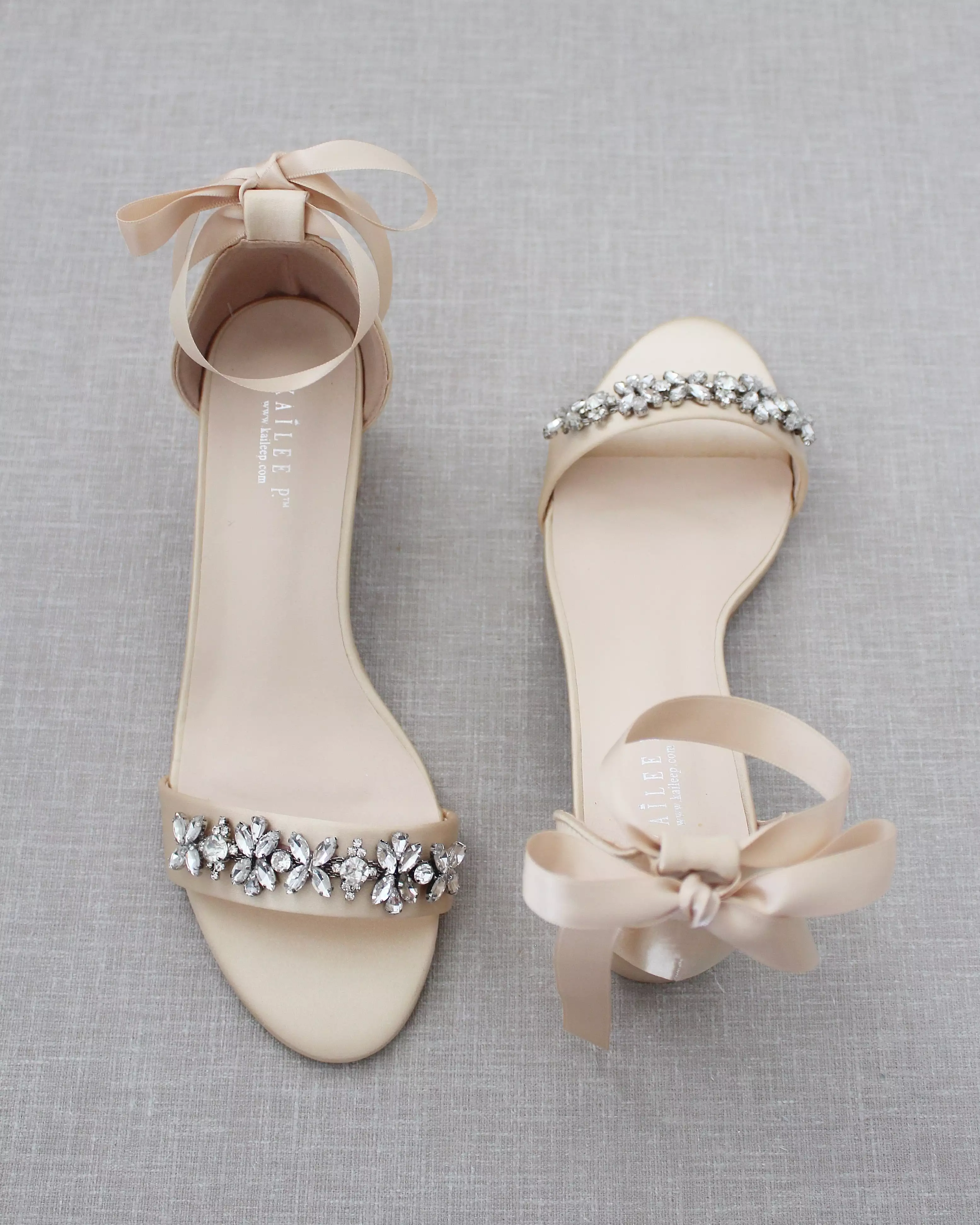 Champagne Satin Block Heel Sandals with Floral Rhinestones