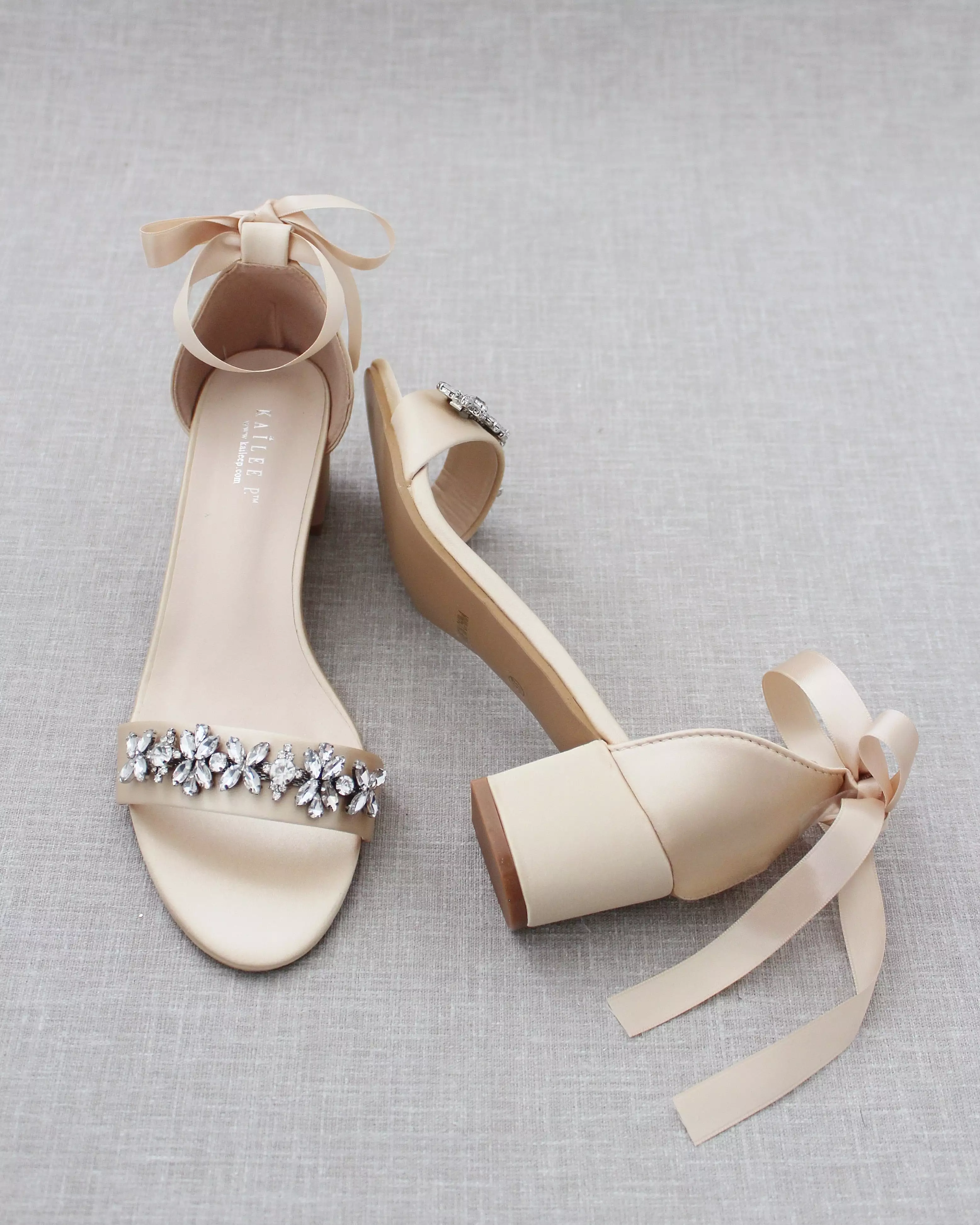 Champagne Satin Block Heel Sandals with Floral Rhinestones