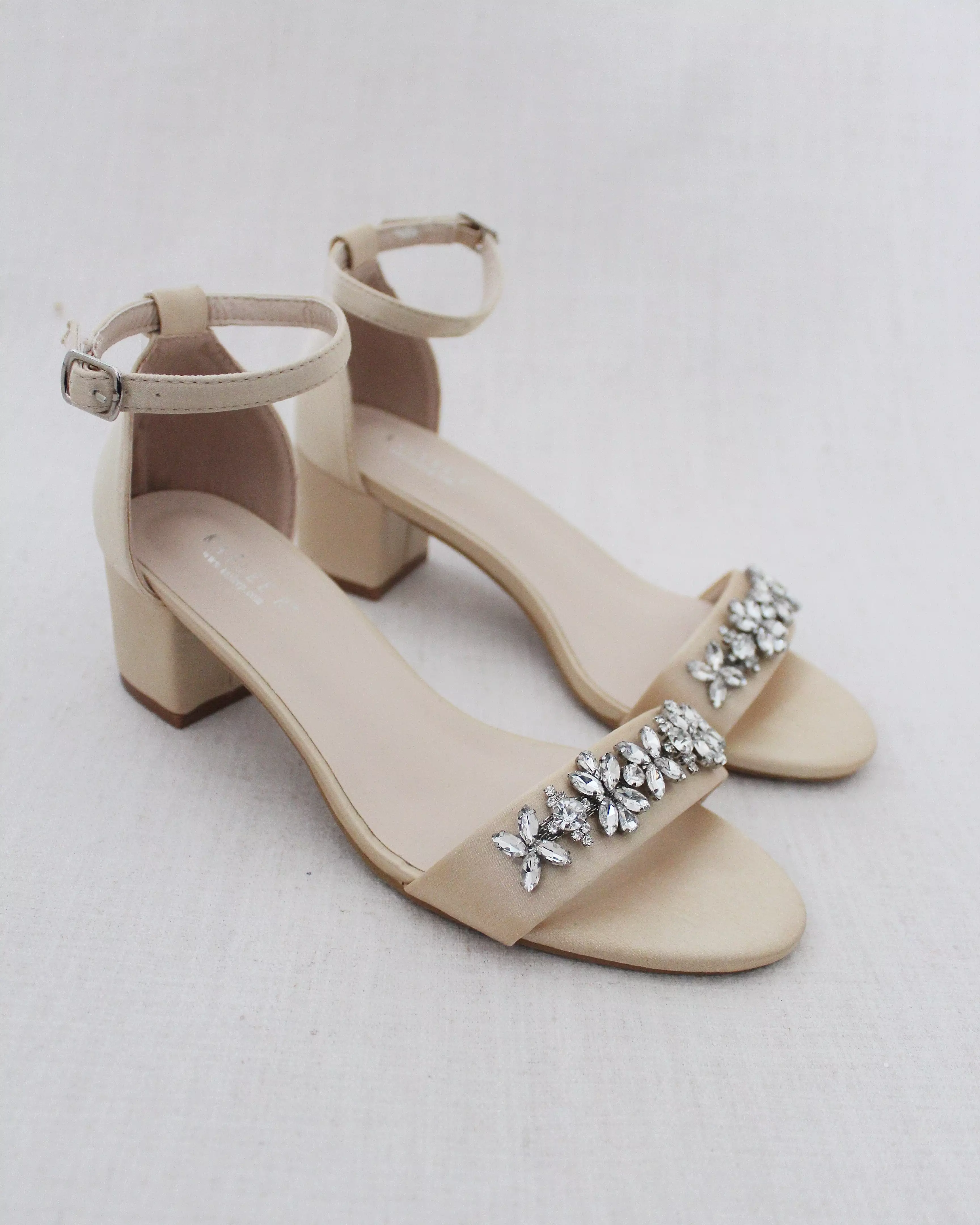 Champagne Satin Block Heel Sandals with Floral Rhinestones