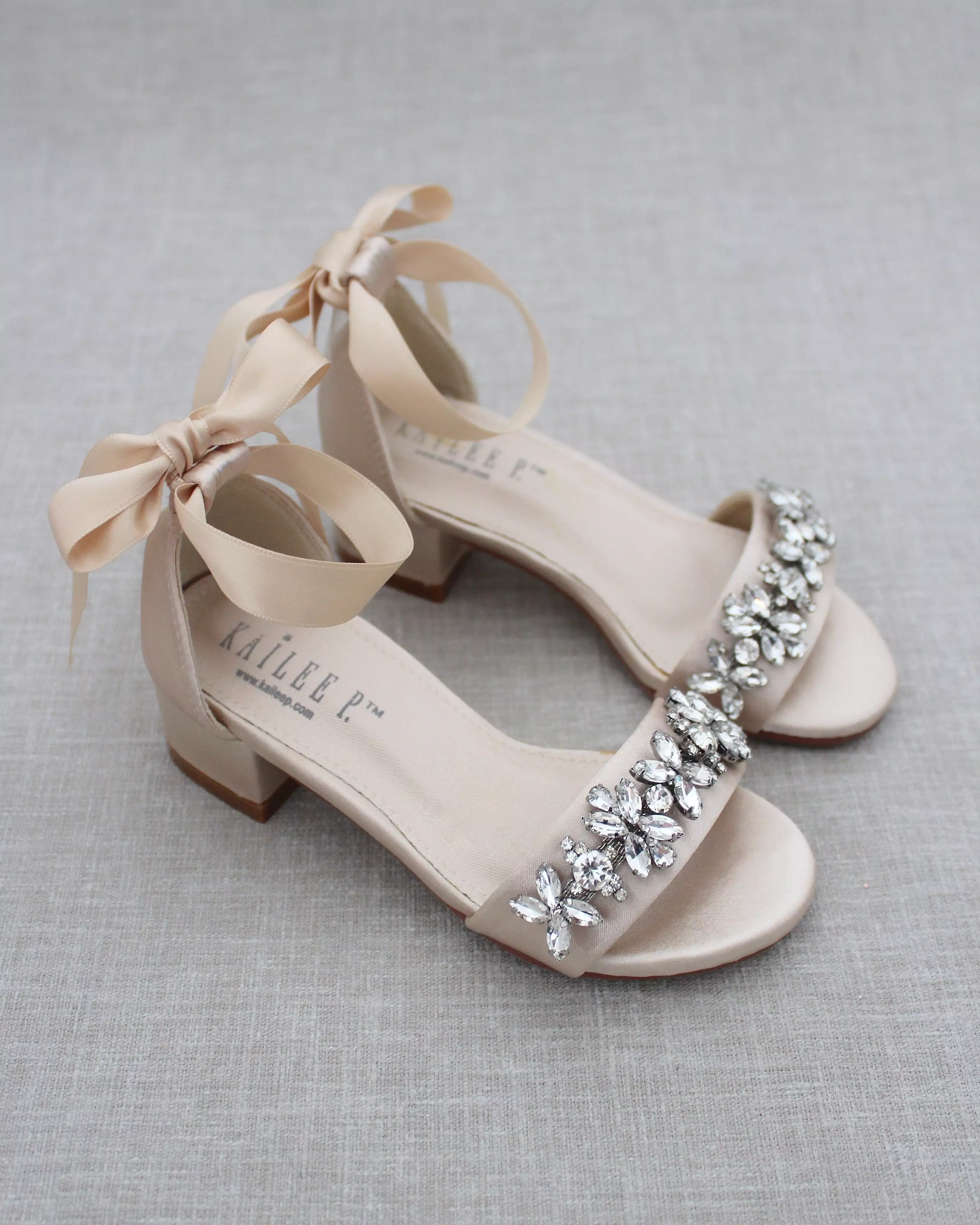 Champagne Satin Block Heel Sandals with Floral Rhinestones