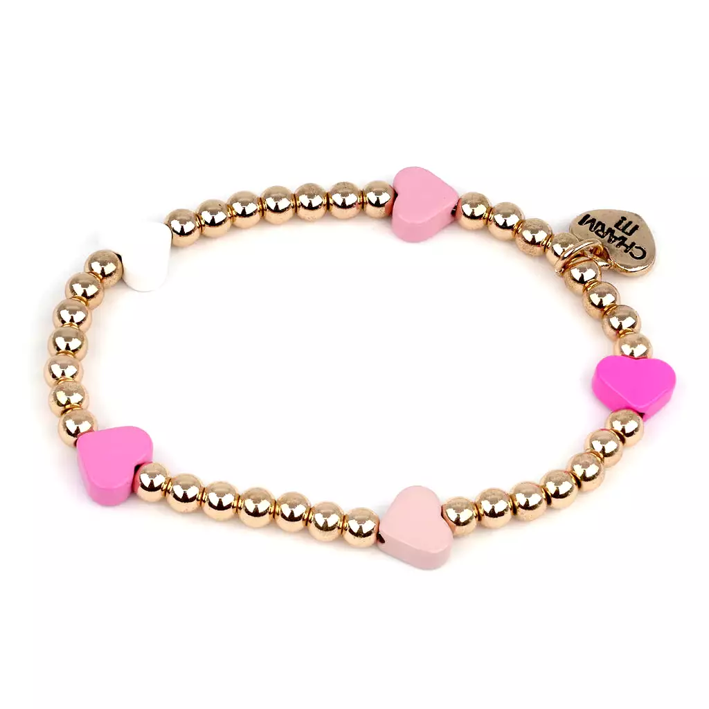 Charm it! - Gold Bead Pink Heart Stretch Bracelet