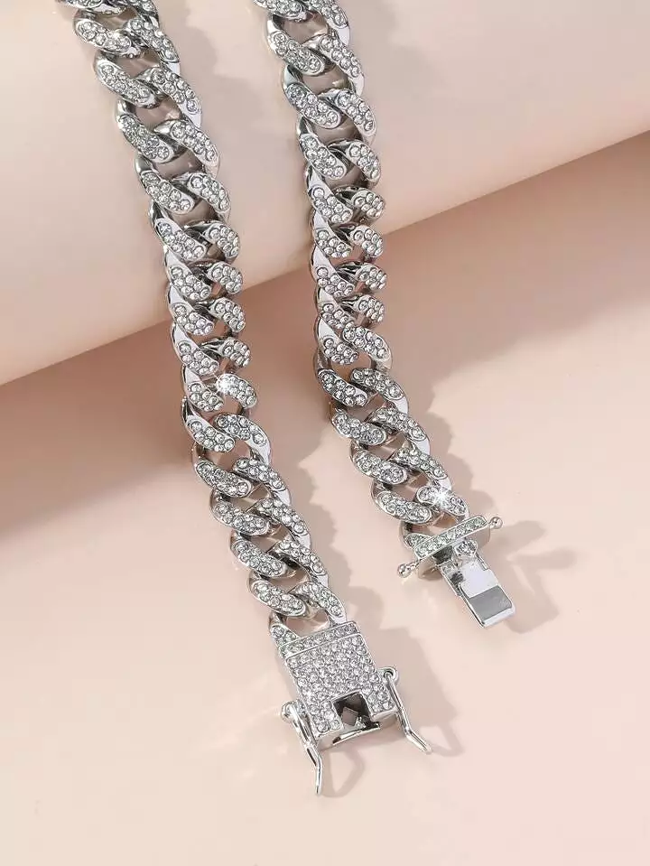 Charm Link Chain Necklace Bracelet Set for Men And Women Jewelry - Silver Colour