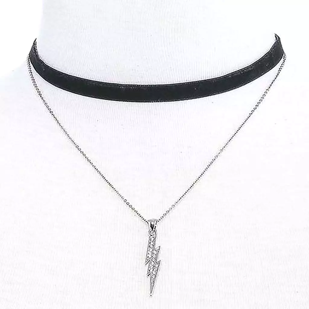 Crystal Lightening Bolt Silver Chain and Black Layered Choker