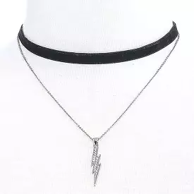 Crystal Lightening Bolt Silver Chain and Black Layered Choker