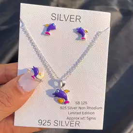 Cute Dolphin  enamelled  Designer 92.5 Silver Pendant earrings and chain with Finger Ring for Kids-AR001CD