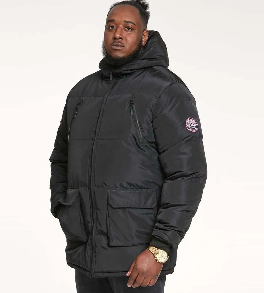 D555 Big Mens Black Quilted Parka Jacket With Zip Off Hood (CLAYDON)