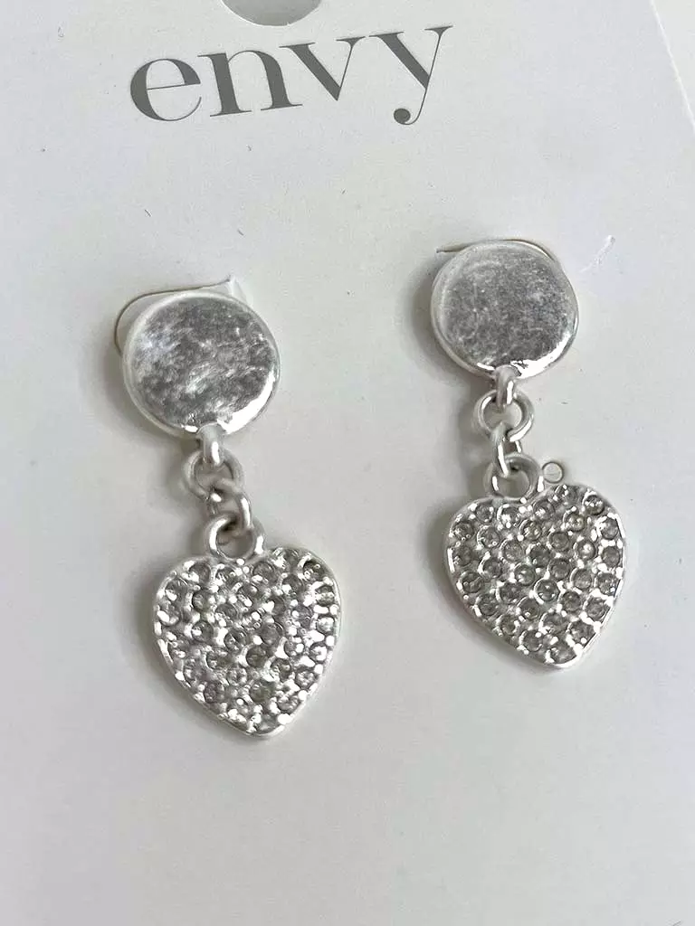 Envy Diamanté Heart Earrings - Silver