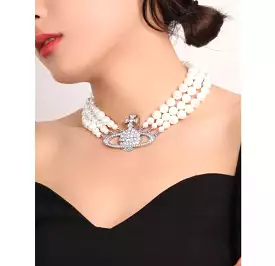 Fashion Retro Light Luxury Necklace 3-layer Pearl Full Diamond Large Saturn Necklace S641072