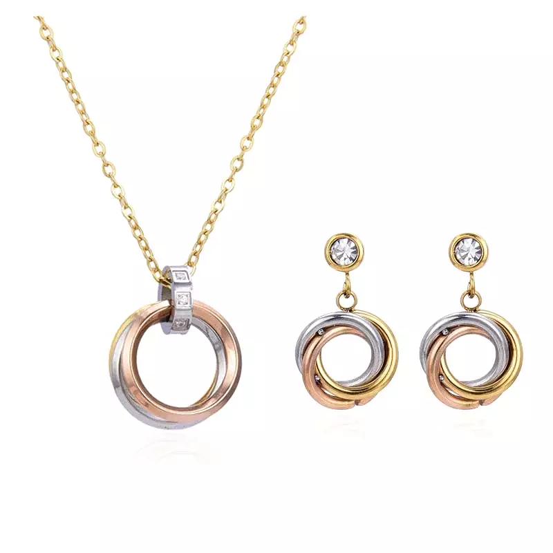 Fashion Stainless Steel Necklace Neutral Three-Ring Diamond Studded Hip Hop Earrings Niche Design Pendant Fashion Jewelry Sets