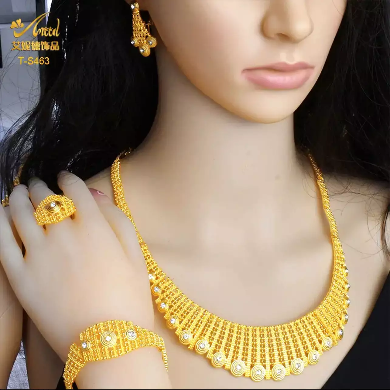 Gold Color Jewelery Set Dubai Jewelry Earrings For Women Wedding Bridal Necklace Bride Ring Bracelet