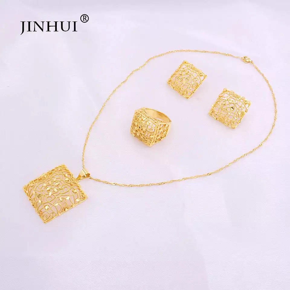 Gold color Jewelry sets Ethiopia women African Party wedding gifts Necklace Earrings ring S3972242