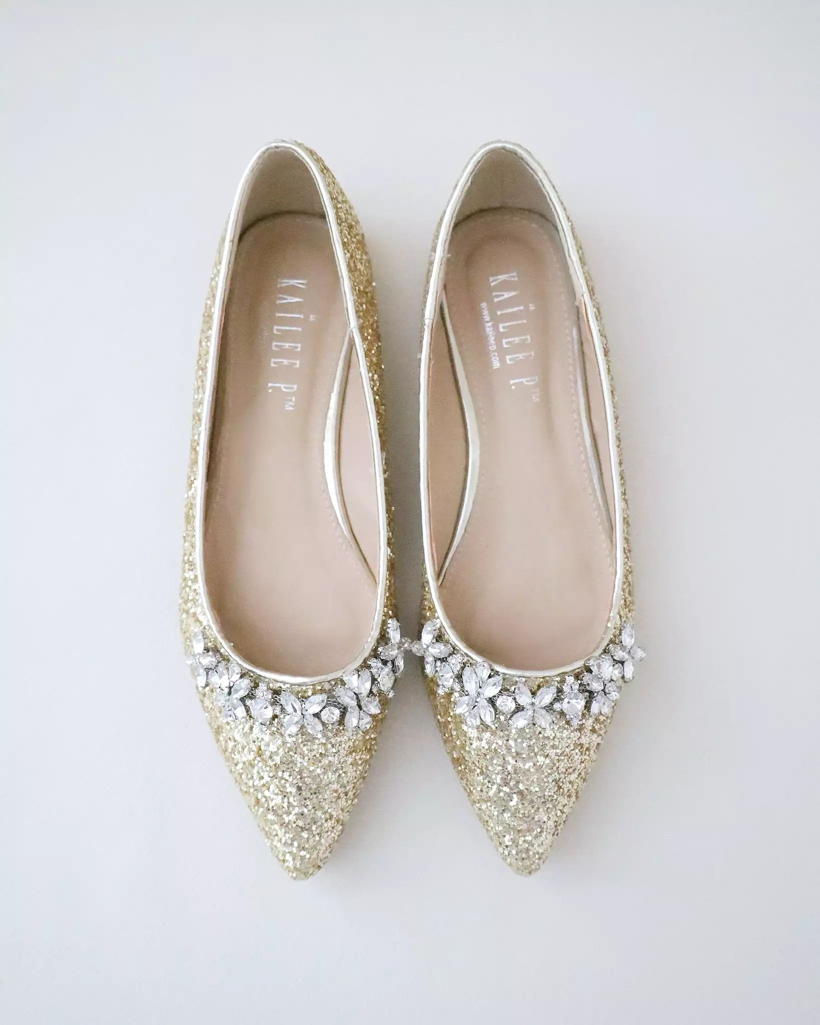 Gold Evening Pointy Toe Glitter Flats with Floral Rhinestones