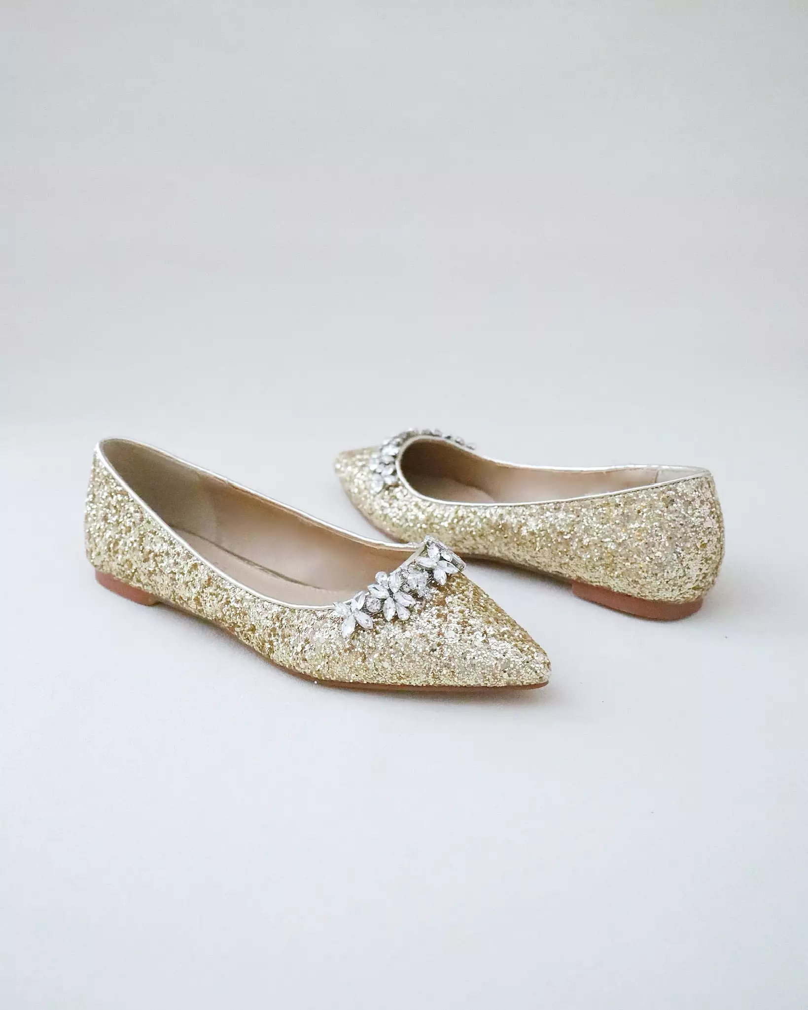 Gold Evening Pointy Toe Glitter Flats with Floral Rhinestones