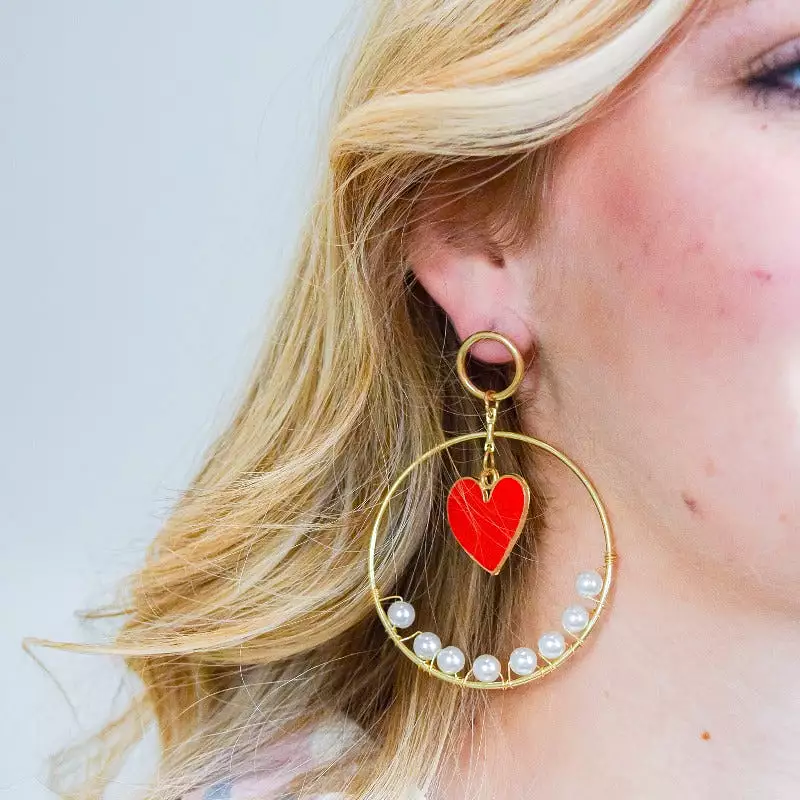 Gold Pearl Heart Hoop Earrings