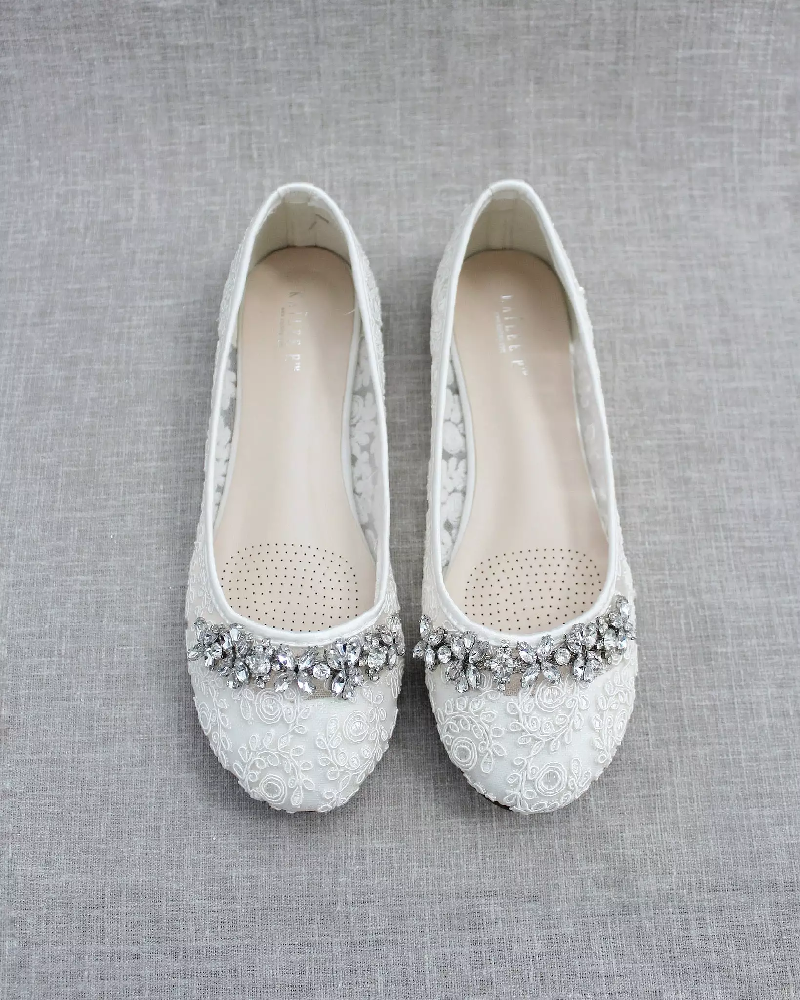 Ivory Lace Round Toe Flats with Floral Rhinestones