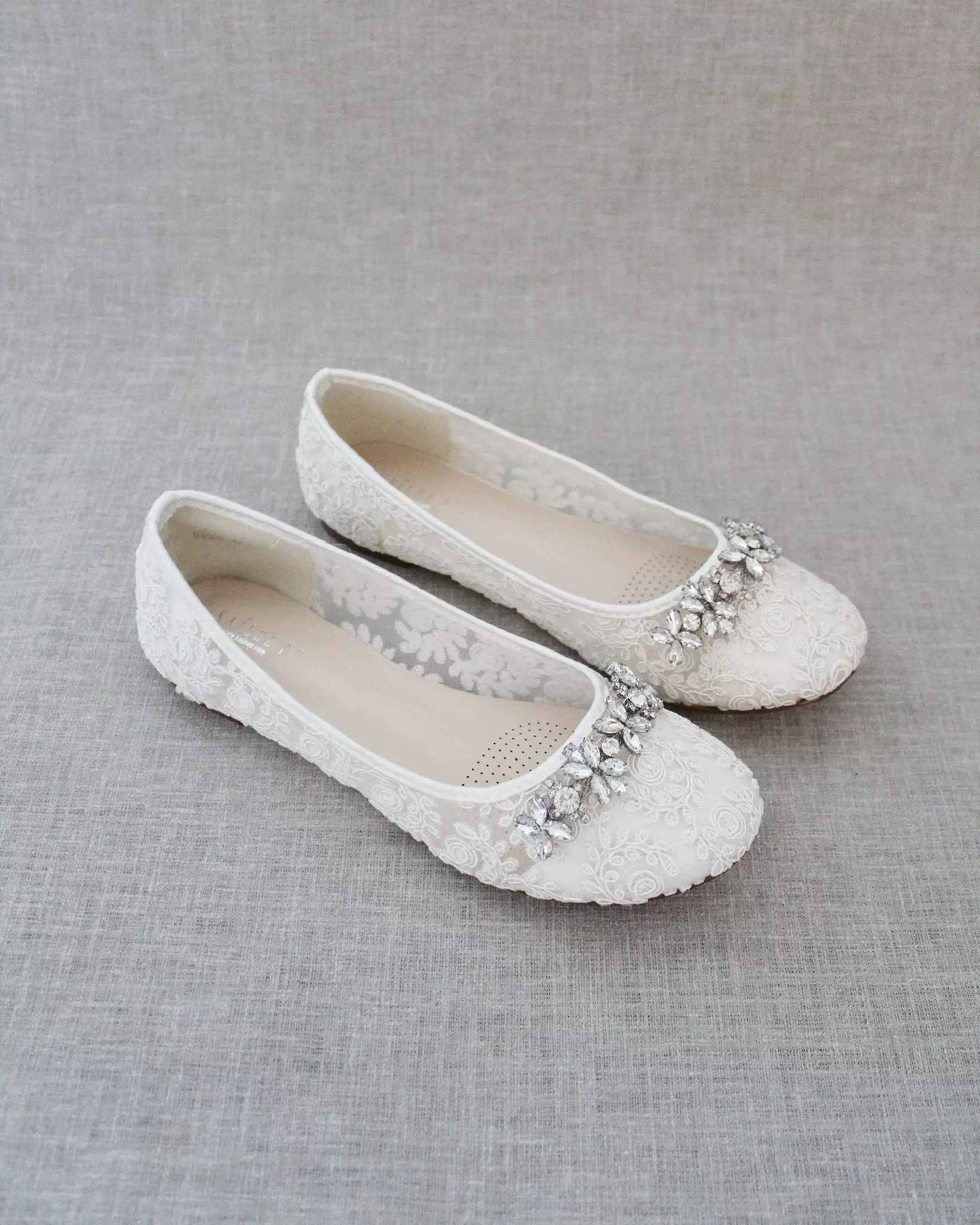 Ivory Lace Round Toe Flats with Floral Rhinestones