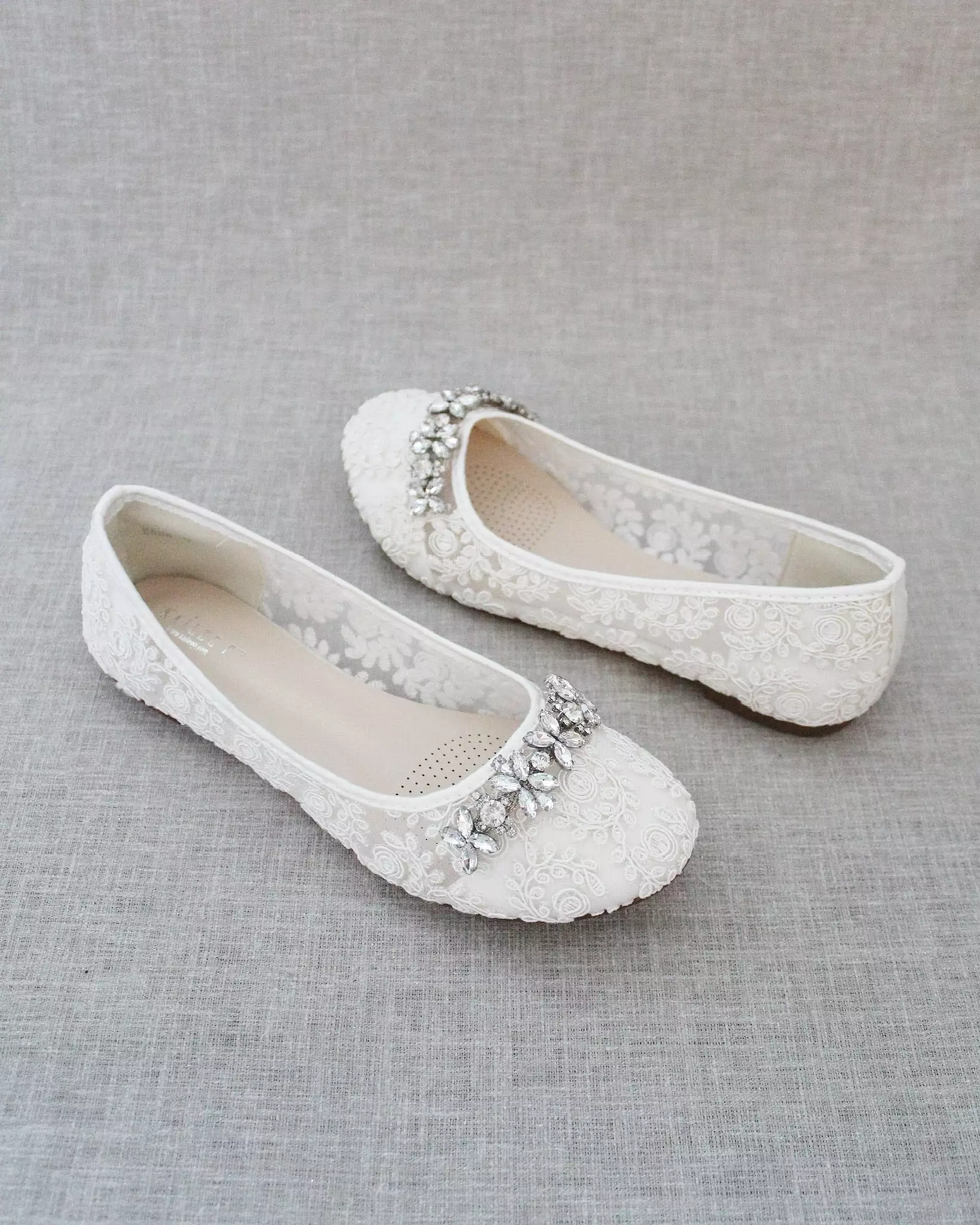 Ivory Lace Round Toe Flats with Floral Rhinestones