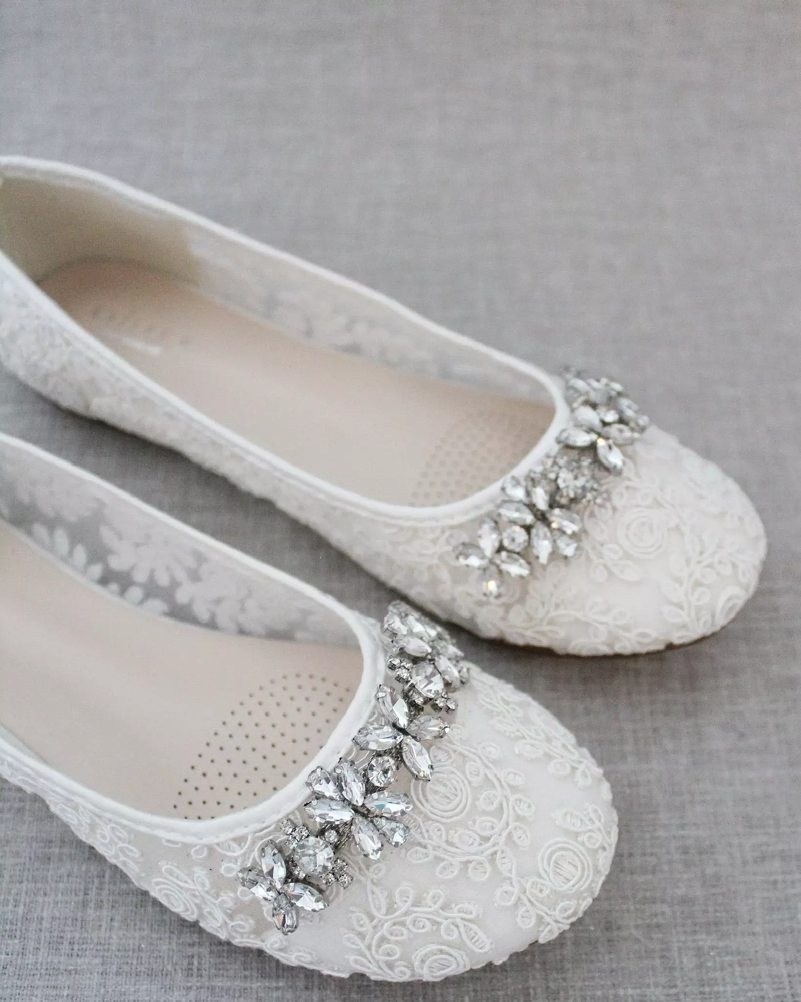 Ivory Lace Round Toe Flats with Floral Rhinestones