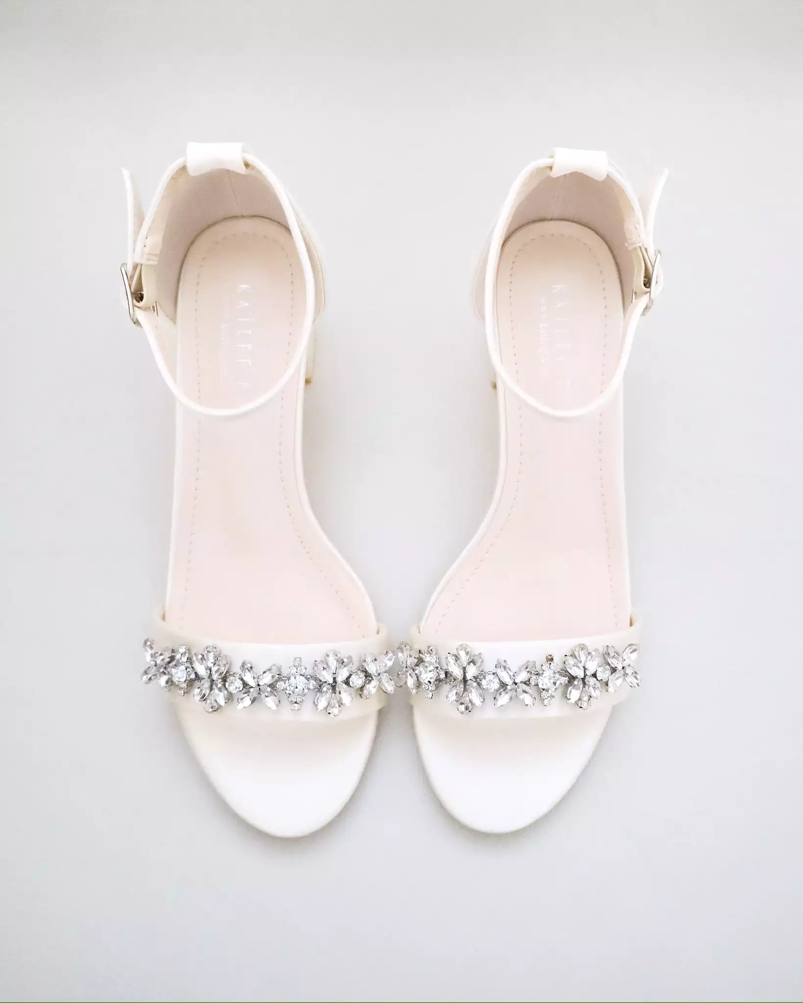 Ivory Satin Block Heel Sandals with Floral Rhinestones