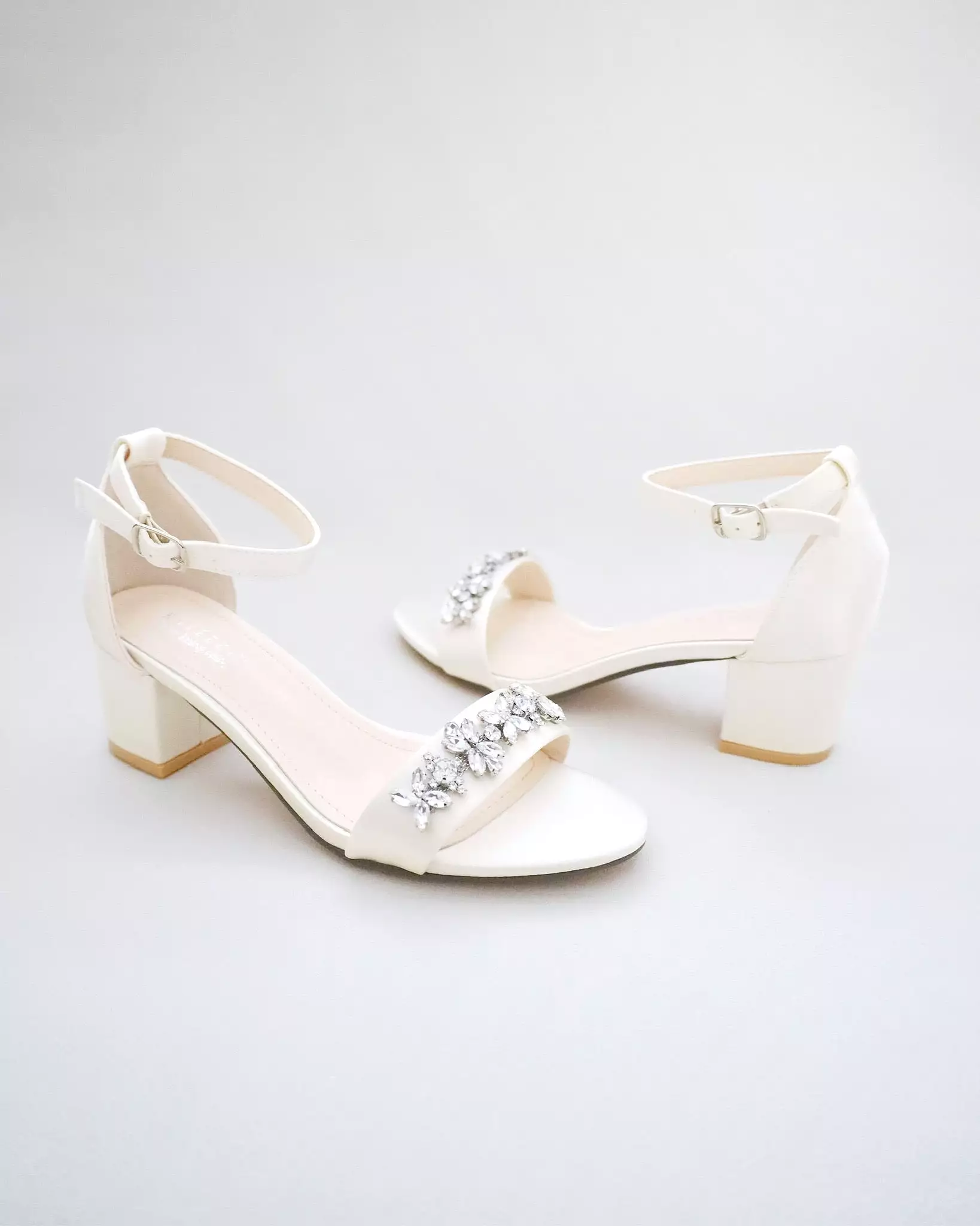 Ivory Satin Block Heel Sandals with Floral Rhinestones