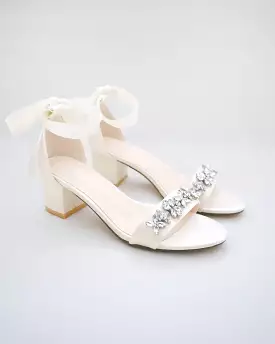 Ivory Satin Block Heel Sandals with Floral Rhinestones