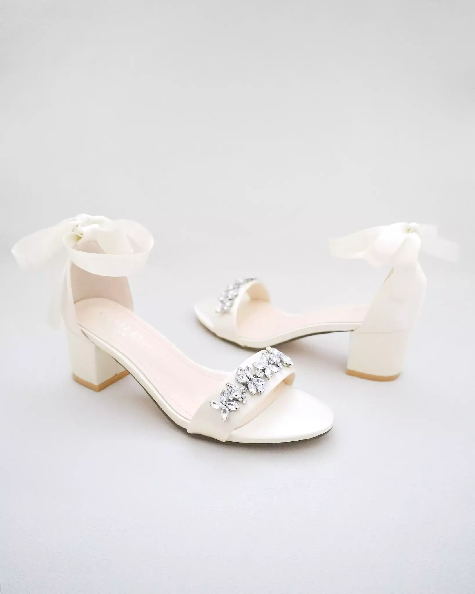 Ivory Satin Block Heel Sandals with Floral Rhinestones