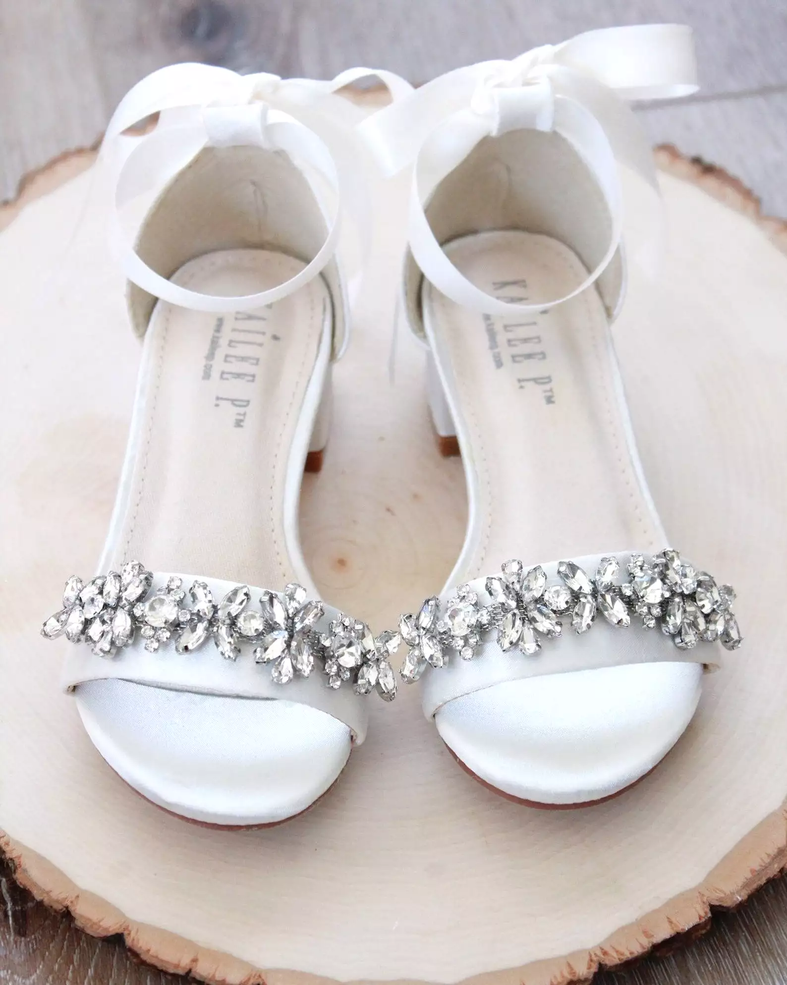 Ivory Satin Block Heel Sandals with Floral Rhinestones