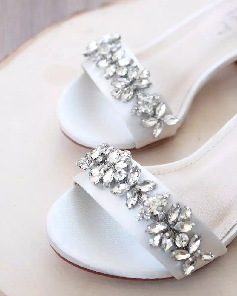 Ivory Satin Block Heel Sandals with Floral Rhinestones