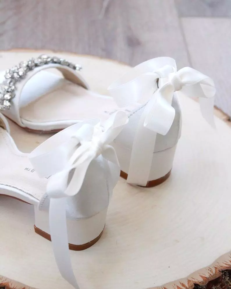 Ivory Satin Block Heel Sandals with Floral Rhinestones