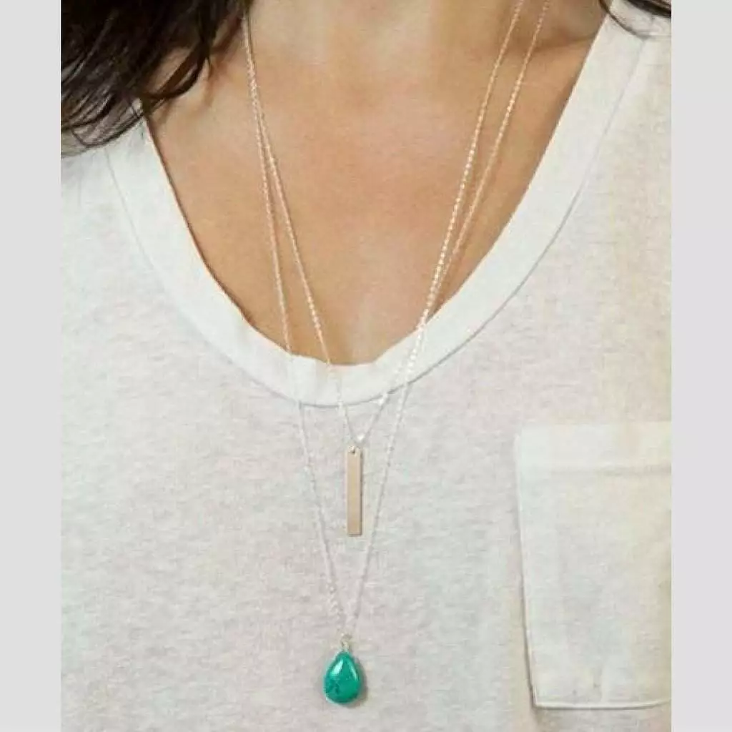 Layered Silver Chain Turquoise Stone and Bar Necklace